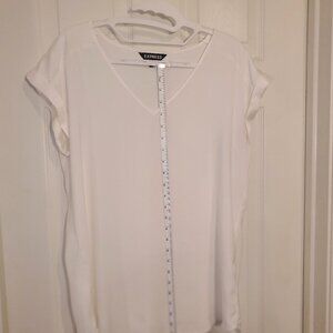 Express Sheer White Cuff Short Sleeved Blouse, V Neck, Medium